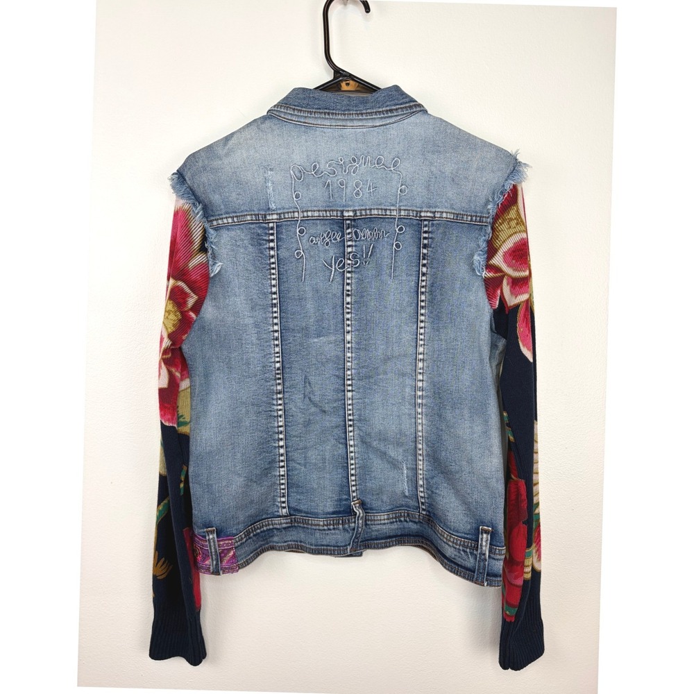 Desigual Denim Ethnic Deluxe Jacket Knit Floral Sleeves Sequin Embroidered EU 40 - Picture 6 of 9